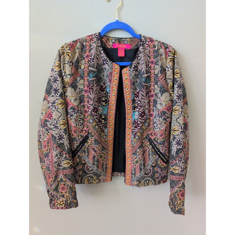 Catherine Malandrino Quilted Floral Studded Boho Jacket Faux Leather Trim size S - Picture 2 of 4